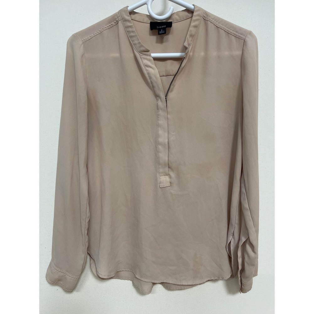 Lumiere Womens Beige Long Sleeve Zip Front Blouse Size Small Tan Mandarin Collar